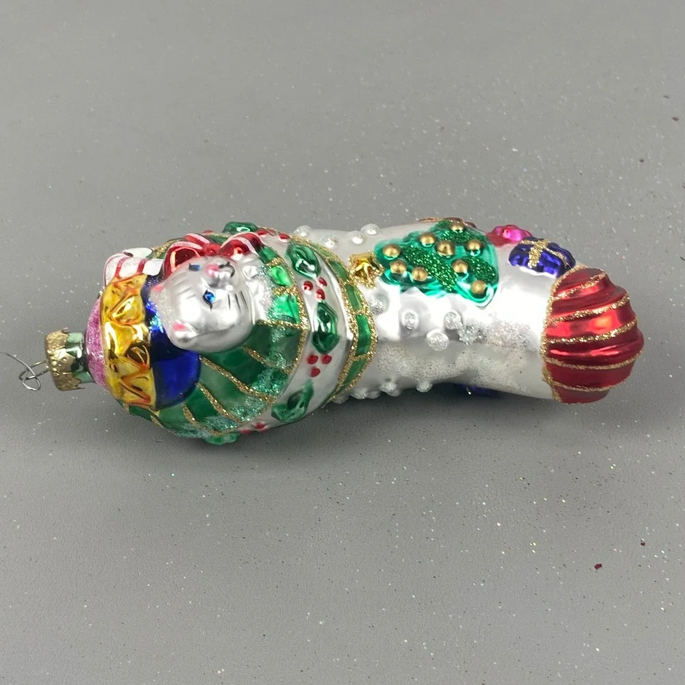 Old World Christmas Glass Holiday Ornaments Flying Reindeer & Cat In Stocking